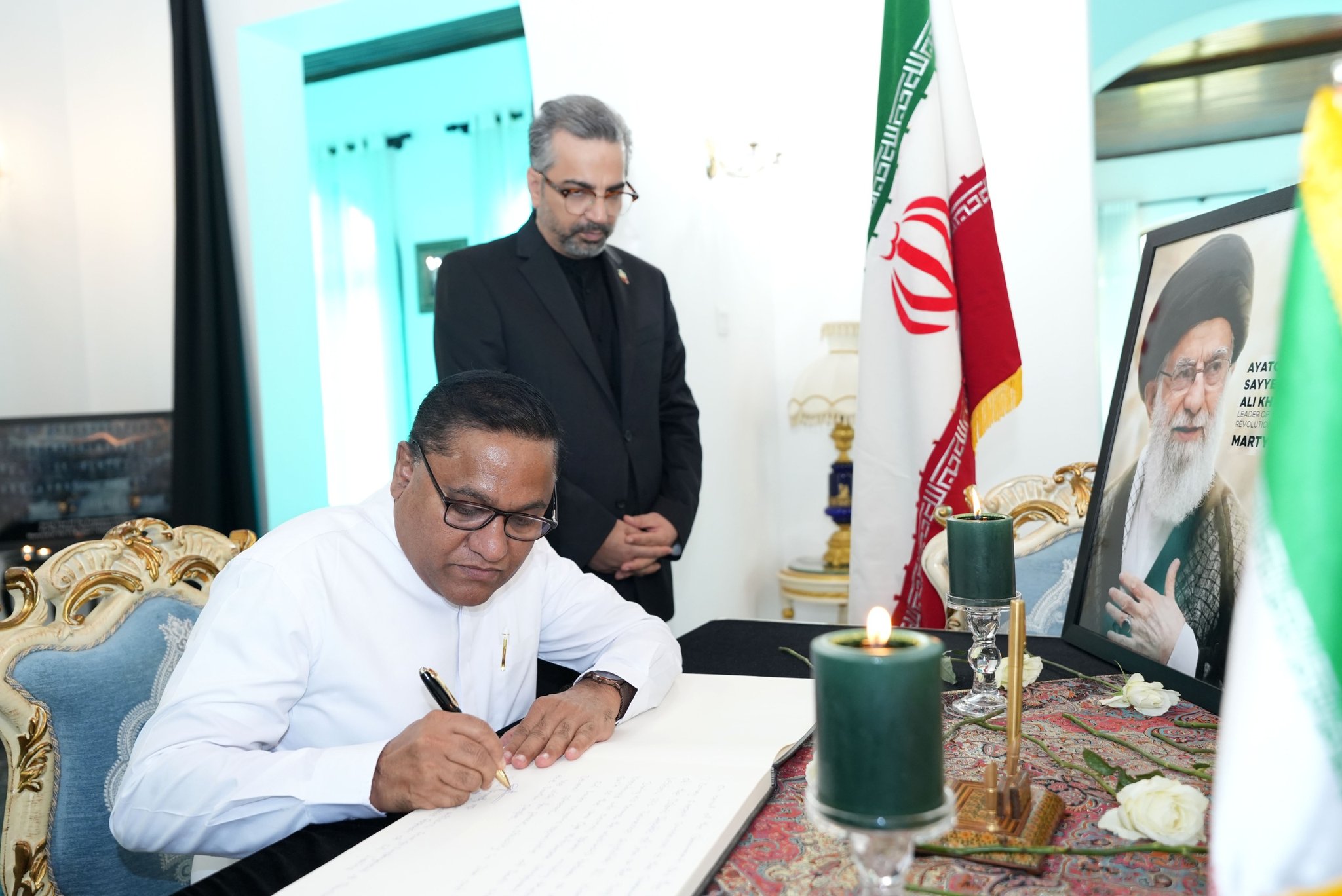 Sri Lankan foreign minister Vijitha Herath signs condolence book for Ayatollah Ali Khamenei