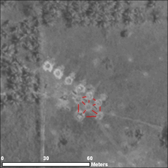 Possible mortar craters landing in a 'Six Star' formation (left) as detailed in a US military manual (right).