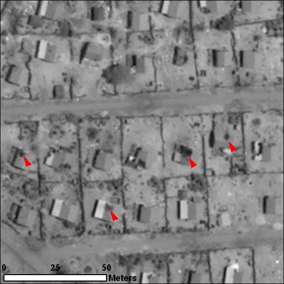 Red arrows indicate craters from possible artillery or air fire from May 6th (left) and May 10th (right).